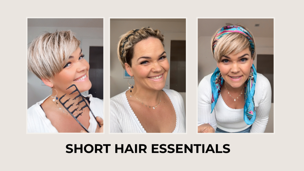 Woman with short blonde pixie haircut showing three easy short hair styling options: volume comb, hairband with clips, and a scarf hack