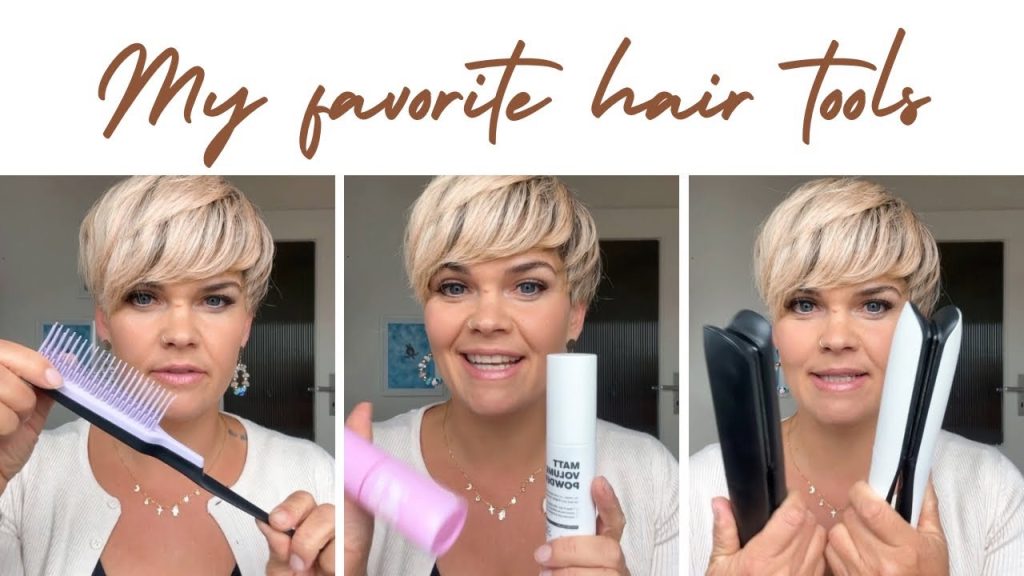 Short hair styling tools shown by woman with blonde pixie cut including comb, volume product and flat iron