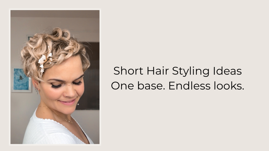 Short hair styling ideas with soft curls - elegant updo with pearls accessories on short hair